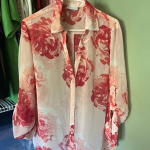 New York & Company Red and Pink Floral Blouse